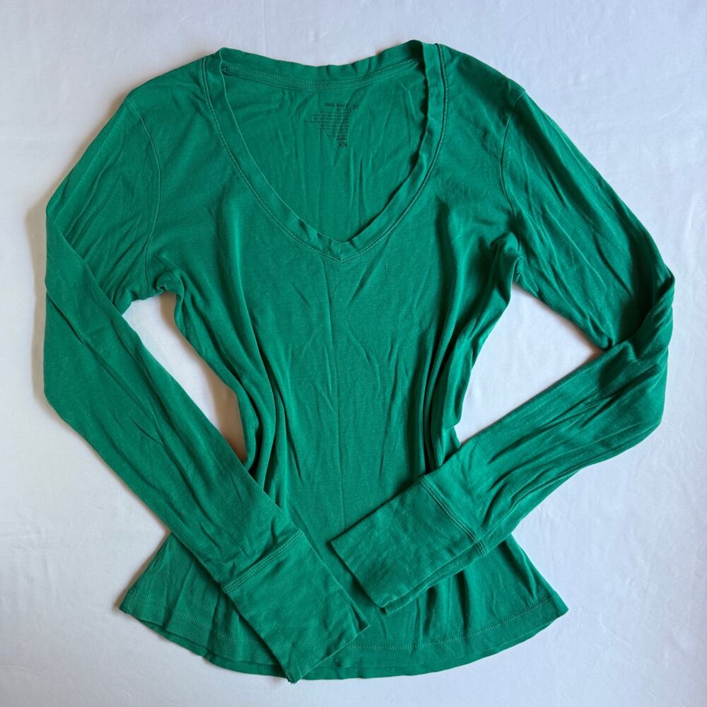 2000s Old Navy Green Cotton V-Neck Fitted Long Sleeve Top Size Medium Y2K Casual